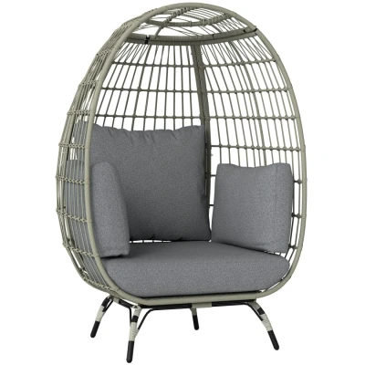 Image of Outsunny PE Rattan Oversized Egg Chair, Outdoor Wicker Garden Chair with Thick Padded Cushions and Pillows for Balcony, Porch, Charcoal Grey