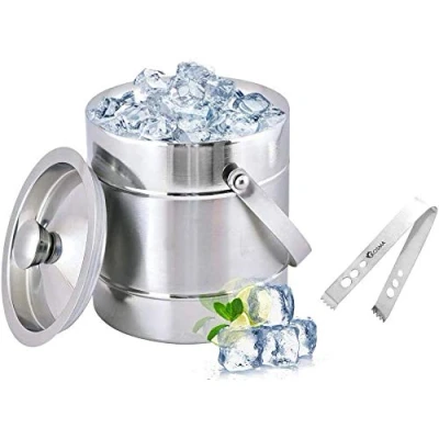 Image of Kosma Limited Edition Stainless Steel Premium Ice Bucket Double Wall 1.5 Litre with Tong Cube Ribbed Effect