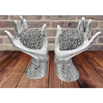 Image of Biznest Silver Pair of Heart in Hands Sparkle Bling Ornament Crushed Diamond Lovely Display Statue Decor Handicraft Wedding Anniversary for Present