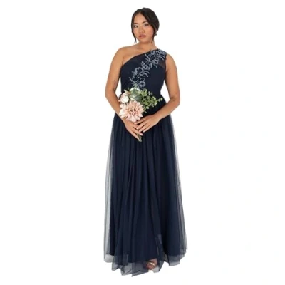 Image of Maya Deluxe Women&#039;s Ladies Maxi Dress Sleeveless One Shoulder Sequin Embellished Tulle Split Slit A line for Evening Prom Ball Gown, Navy Blue, 20