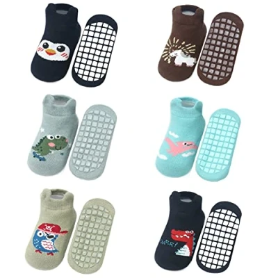 Image of FedMois 6 Pairs Baby Kids Anti slip Socks Cotton non skid Ankle Animals, Penguin, 3 5 Years