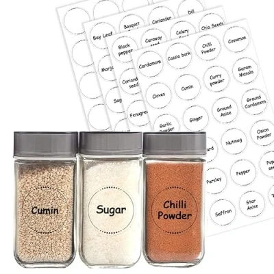 Image of Packwith Pack of 96 Clear Kitchen Labels (30 mm) Waterproof Spice Jar Stickers Herbs, Seasoning Pre Printed Pantry for Storage