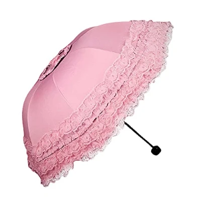 Image of ausuky Lolita Cosplay Lace Parasol Sun/Rain Girl Princess Anti UV Folding Umbrella Outdoor (Pink)