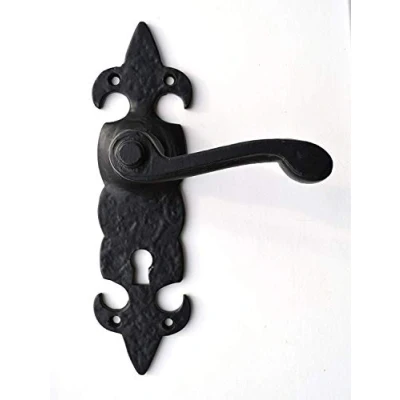 Image of Black Antique Door Handles Lever Lock Ornate Fleur De Lys