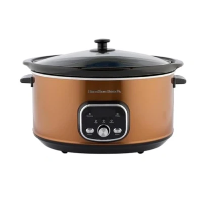 Image of Hamilton Beach 6.5L Digital Oval Slow Cooker, Family Sized, Makes 8+ Portions, 3 Heat Settings, Removable, Dishwasher Safe Ceramic Bowl HBCDF650BRZ, Copper