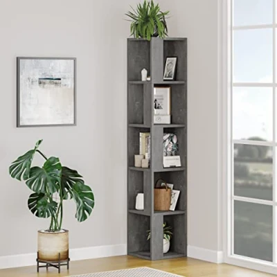 Image of Decortie Piano Modern Corner Bookcase Display Unit Retro Grey