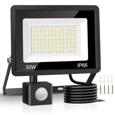 Image of Jsdoin 30W Security Lights Outdoor Motion Sensor 3000 Lumen PIR Light 4500K LED Floodlights IP66 Waterproof Outside Daylight Wall with 2M Cable for Garage Garden Hallway Backyard (30W)