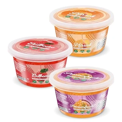 Image of INSPIRE FOOD Popping Boba Variety Pack Strawberry, Passionfruit, Peach (3 x 450 gm) No Artificial Colors Lower Sugar, Real Fruit Juice 100% Vegan &amp; Glutenfree