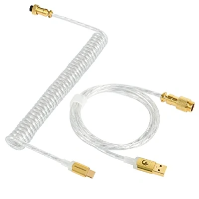 Image of MAMBASNAKE Coiled Keyboard Cable, Custom USB C Cable for Mechanical Keyboard, Double Sleeved TPU Spring Gaming Type to A, Detachable Gold Aviation Connector Transparent