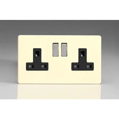 Image of Varilight Primed Ready to Paint Flat Plate Screwless 2 Gang 13 Amp Switched Plug Socket Black Inserts