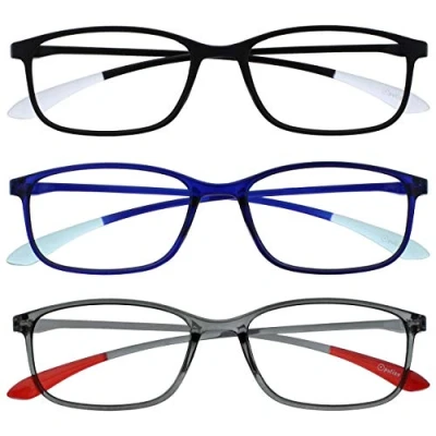 Image of OPULIZE Ice Reading Glasses 3 Pack Ultra Lightweight Scratch Resistant Black Blue Grey Frame Mens Womens RRR61 137 +1.50