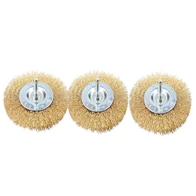Image of 3 x 100mm Wide Flat Steel Wire Brush for Drills Brass Coated Rust Paint Remover