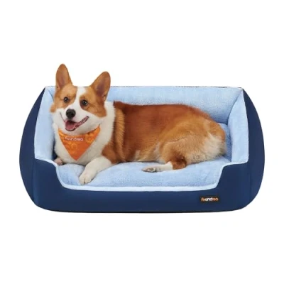 Image of Feandrea Dog Bed, Sofa Bed with Removable Reversible Cushion, Raised Edges, Non Slip Bottom, L, 85 x 65 21 cm, Charcoal Blue and Pale PGW004Q01