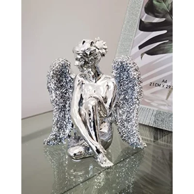 Image of DEENZ Sitting Angel With Wide Wings Crushed Ornament Silver Sparkle Diamond For Gift Beautiful Decorative