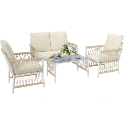 Image of Outsunny 4 Piece Rattan Garden Furniture Set, Seater Wicker Patio Conversation Set with 2 Armchairs, Loveseat, Glass Top Coffee Table and Cushions for Outdoor, Balcony, Khaki