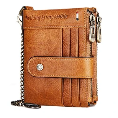 Image of REETEE Mens Wallet RFID Blocking Genuine Leather Wallets Slim for Men with Chain,Men&#039;s Bifold 19 Credit Card Holder and Zipper Coin Pocket（Brown）