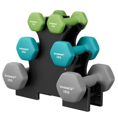 Image of SONGMICS Hex Dumbbells Set with Stand 2 x 1 kg, 3 Neoprene Matte Finish, Hand Weights for Home Exercise, Lime, Teal, and Dark Grey SYL612G02