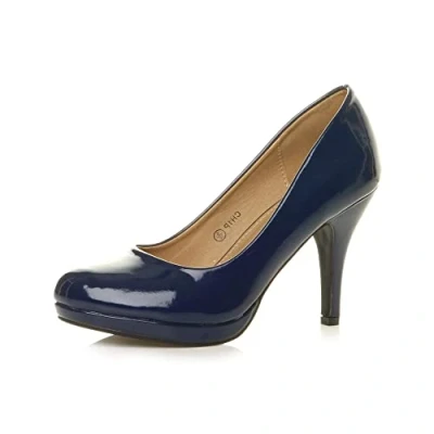Image of Ajvani Womens Ladies mid high Heel Platform Work Evening Court Shoes Pumps, 4 UK, Navy Patent