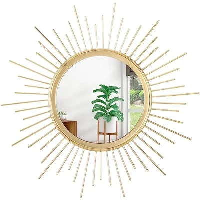 Image of HLFMVWE Gold Sunburst Mirrors for Wall Decorative Metal Round Art Large Decor Hanging Mirror Bathroom Bedroom Living Room Vanity Entryway 40 x cm