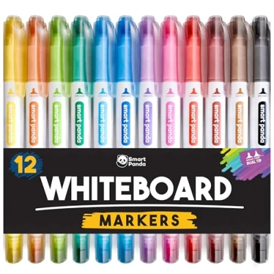 Image of Smart Panda 12 Whiteboard Pens Dual Tip, Thin White Board Markers Erasable, Broad and Fine Dry Erase Marker Pens, Colour Wipe