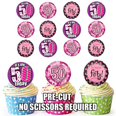 Image of AK Giftshop Fun Ladies Pink 50th Birthday Mix, 12 Cup Cake Toppers, Edible Stand Up Decorations