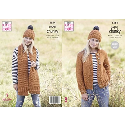 Image of King Cole 5554 Knitting Pattern Womens Textured Jacket Scarf and Hat in Super Chunky