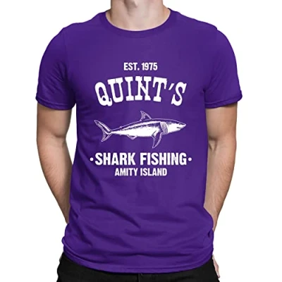 Image of Mens Quints Fishing Shark Jaws Inspired Amity Cult Movie T Shirt Purple (XXL)