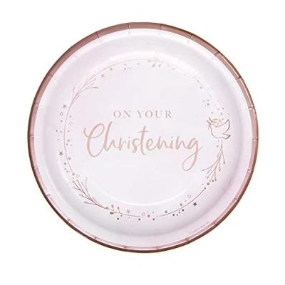 Image of Creative Party Pack of 8 On Your Christening Paper Dinner Plates, Decorations, Table for boys, girls, 23cm (9&quot;) Pink, Rose Gold, Metallic Ink, J090