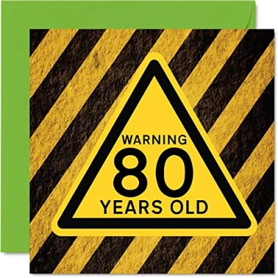 Image of Fun 80th Birthday Cards for Men Women Warning Happy Card Dad Mum Great Grandad Grandpa Nanny Grandma Gran Uncle Auntie, 145mm x Funny Humour Joke Greeting
