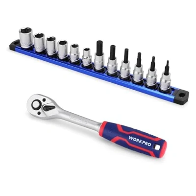 Image of WORKPRO 14 Piece 3/8＂Drive Metric Sockets and Ratchet Set Including 12 Short ＆ Bit Sockets, 72 Teeth Wrench with Magnetic Socket Rail for Home Repair