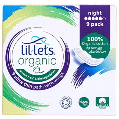 Image of Lil Lets Organic Cotton Night Pads, 9 Count, Ultra Thin, with Wings, for Medium to Heavy Flow, GOTS Certified, Plastic Free, Biodegradable, 100% Top Cover and Absorbent Core