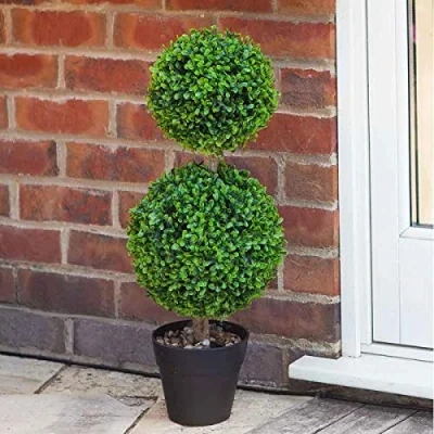 Image of Garden Mile® Green Topiary Tree Artificial Plantation Plants and Pots Artistic Round Ball Cut Bush for Doorway Front Porch Decking (Duo Ball)