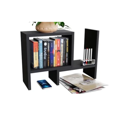 Image of ComfortCove Adjustable Bookshelf Bookcase, Desktop Bookshelf, Desk Storage Organizer, Freestanding Kitchen Office Rack, Black