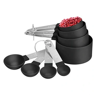 Image of 8 Piece Measuring Cups and Spoon Set Plastic Cup with Stainless Steel Handle, Tool for Liquids Solids (Black)