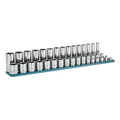 Image of Capri Tools 3/8 in. Drive Master Chrome Socket Set, 6 Point, 8 to 22 mm, Shallow and Deep with Billet Aluminum Rail