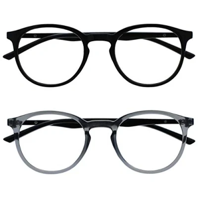 Image of OPULIZE Met Reading Glasses 2 Pack Slim Round Frame Scratch Resistant Spring Hinges Black Transparent Grey Mens Womens RR60 17 +1.50