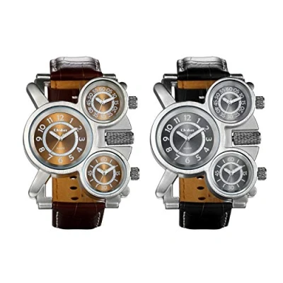 Image of JewelryWe Mens Military Three Time Zone Quartz Watch Big Face Leather Strap Wrist