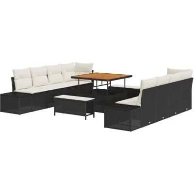 Image of vidaXL 11 Piece Garden Sofa Set with Cushions Black Poly Rattan Acacia