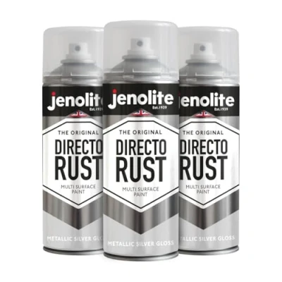 Image of JENOLITE Directorust Metallic Gloss Spray Paint SILVER 3x400ml Multi Surface Gold for Metal, Wood, Plastic All In_OnePrimer, Undercoat and Topcoat Interior &amp; Exterior