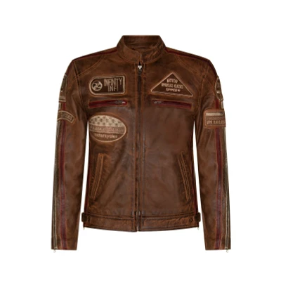 Image of Mens Tan Leather Biker Badges Racing Moto Jacket 2XL