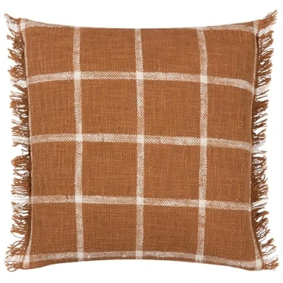 Image of Yard Beni Check Fringed Feather Filled Cushion Ginger Cotton Size 45 cm x