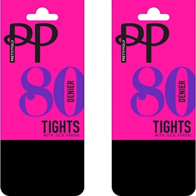 Image of Pretty Polly Black 80 Denier Opaque Tights with Silk Finish (2 Pair Pack) (S/M (34&quot; 40&quot; Hip))