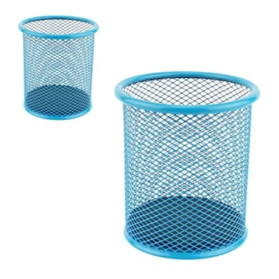Image of LEVIATAN Pack of 2 Metal Pen Holders Round Wire Mesh Multifunctional Cup for Ballpoint Diameter 91 mm Blue
