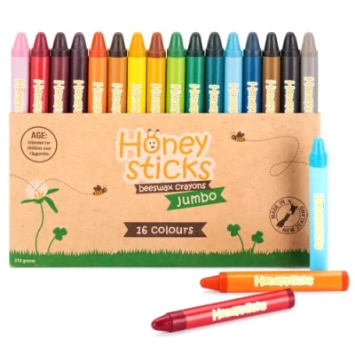 Image of Honeysticks 100% Pure Beeswax Crayons Jumbo for Toddlers, Kids Non Toxic, Food Grade Colours, Sustainably Made in New Zealand Large Size is Easy to Hold and Use 16 Bright Colours