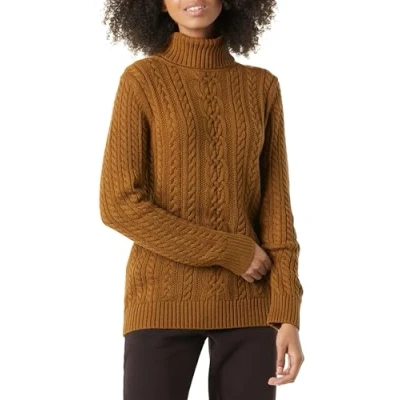 Image of Amazon Essentials Women&#039;s Fisherman Cable Roll Neck Jumper (Available in Plus Size), Dark Chestnut Brown Heather, S