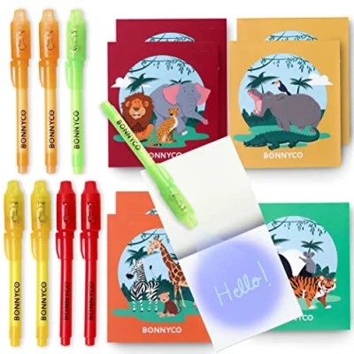 Image of BONNYCO Invisible Ink Pen and Notebook, Pack 8 Jungle Animals Party Bags Filler, Pinata Toys Birthday Decorations Stocking Fillers for Kids School Prizes, Gifts Children