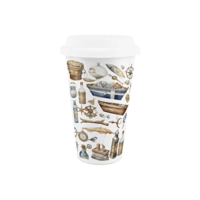 Image of Seaside Maritime Aquatic Ceramic Travel Mug Sailing Fishing Coastal Gift/Present Reusable Silicone Lid Double Walled Insulated Hot/Cold Drinks Tea Coffee