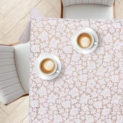 Image of KP HOME Wipe Clean Tablecloth Rectangular 78.7&quot;x 53.9&quot; (200x137cm) Plastic Table Cloth Clean, Rectangle Outdoor PVC Oil Cover Waterproof Wipeable Vinyl White Rose Lace Pattern