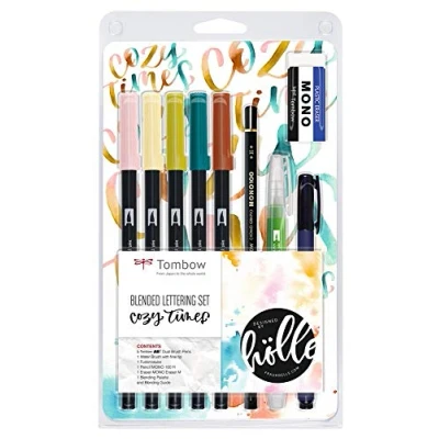 Image of Tombow Blended Lettering Set includes 5 ABT Brush Pens, 1 Mono Pencil, Eraser, Fudenosuke, Water Brush, Blending Palette and Guide Cosy Times, BS FH1