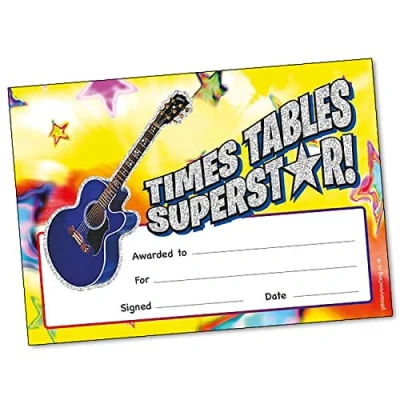 Image of 20 Holographic Sparkly Times Tables Superstar Childrens Pupils Motivational Reward School Certificates A5 Primary Teaching Services